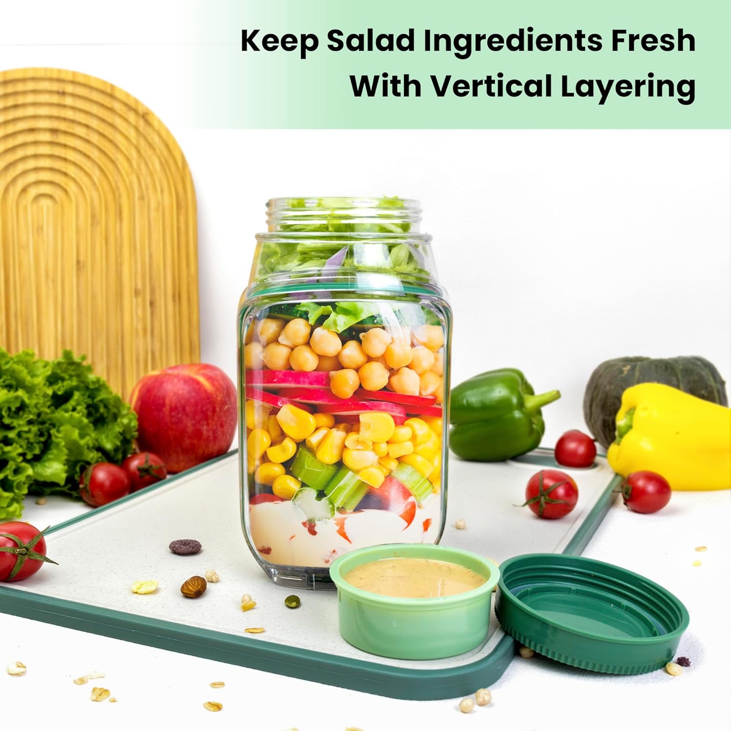 Food Snacks That Are Green - 2個セット 34オンス サラダジャー容器 サイド開口部付き – 漏れ防止気密ランチボウル