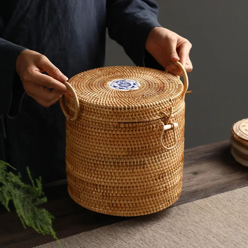 Food Snacks That Are Green - 手編みラタン製蓋付き茶葉収納ボックス グリーン バッグオーガナイザー プーアル茶 スナックキャニスター 食品容器