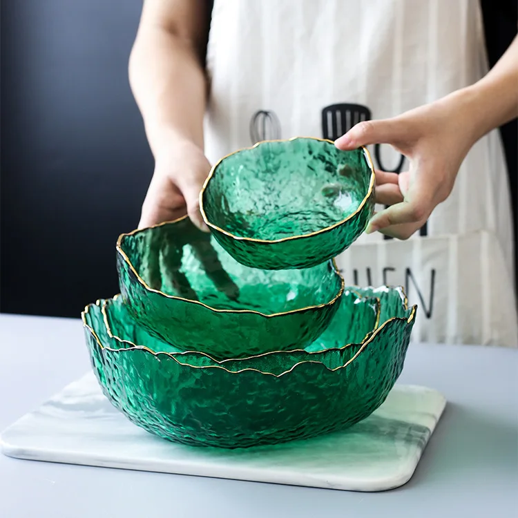 金色の縁が付いた大きなガラスのボウル,サラダ,フルーツ,スー - Food Snacks That Are Green のレビューと価格